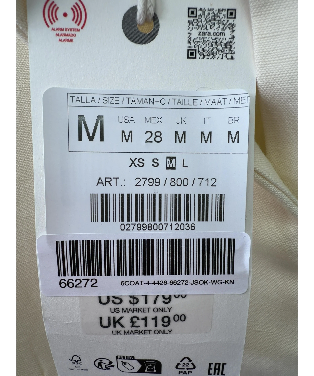 ZARA Cream Colour, size UK M — care label
