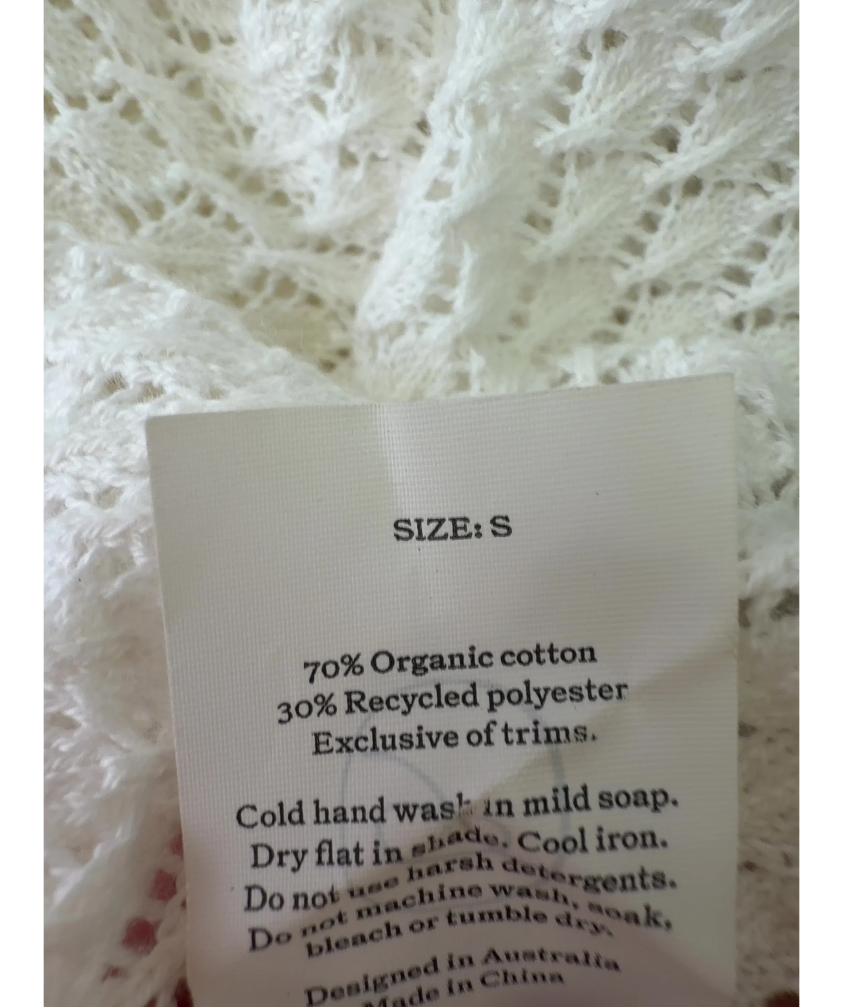 peony White crochet midi dress, size UK S — label
