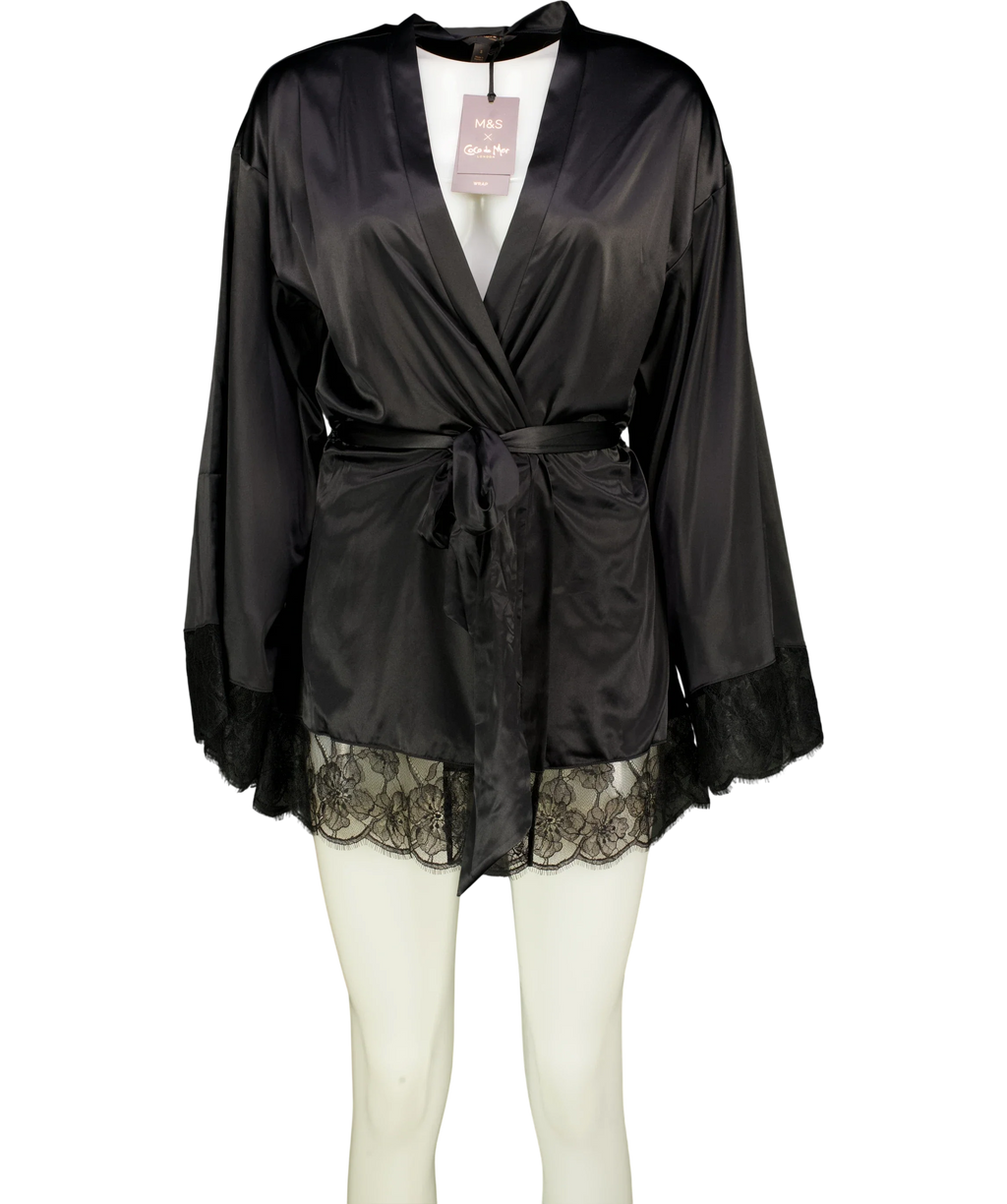 Marks & Spencer Black Rosie for Autograph black satin and lace short kimono/robe, size UK S — front
