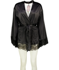 Marks & Spencer Black Rosie for Autograph black satin and lace short kimono/robe, size UK S — front