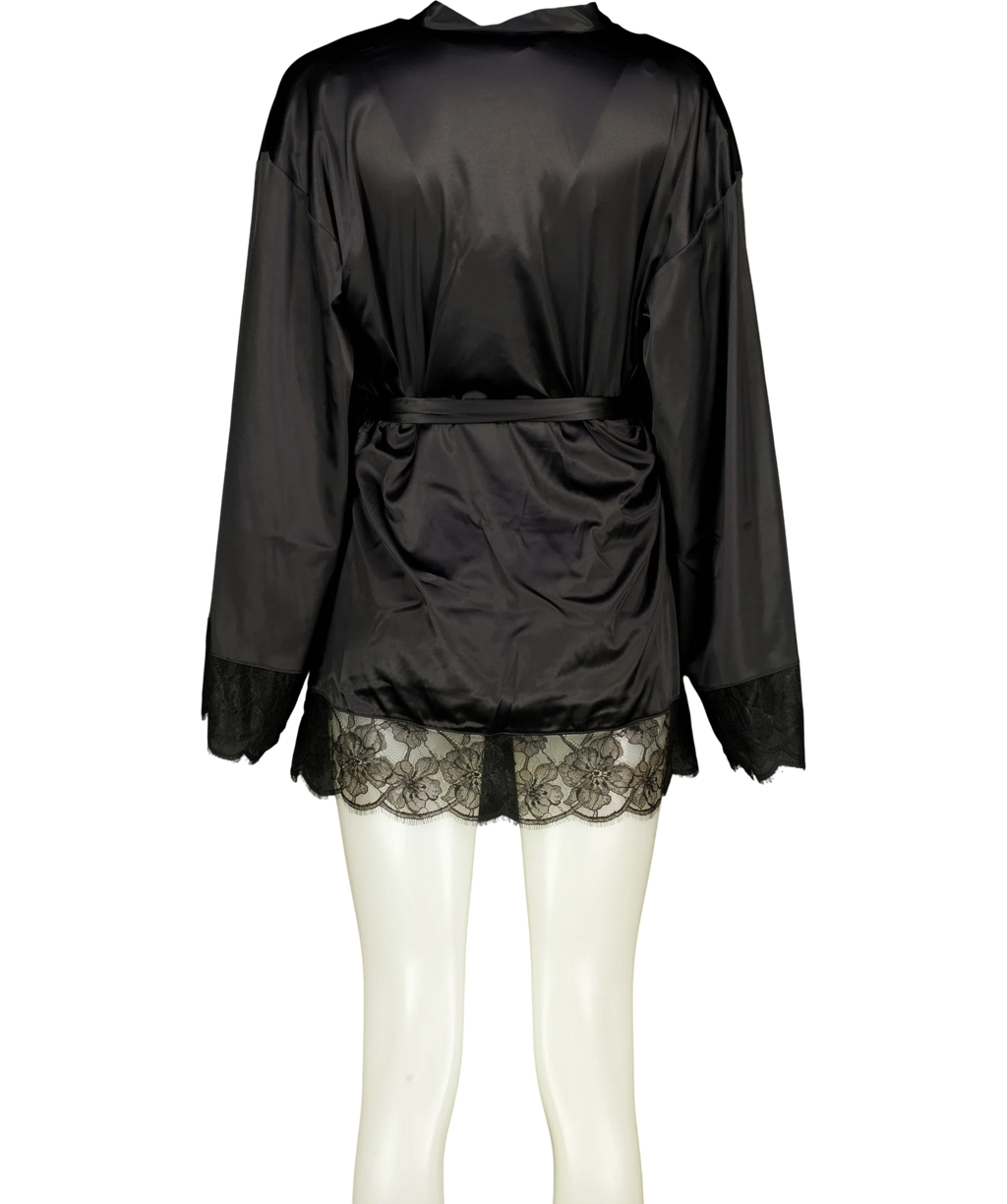 Marks & Spencer Black Rosie for Autograph black satin and lace short kimono/robe, size UK S — back