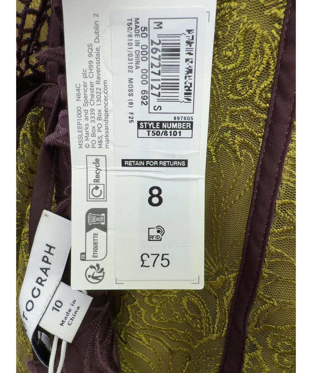 Marks and Spencer Green Paisley Lace Cami Top and Paisley Lace Midi Skirt, size UK 10 — fabric detail