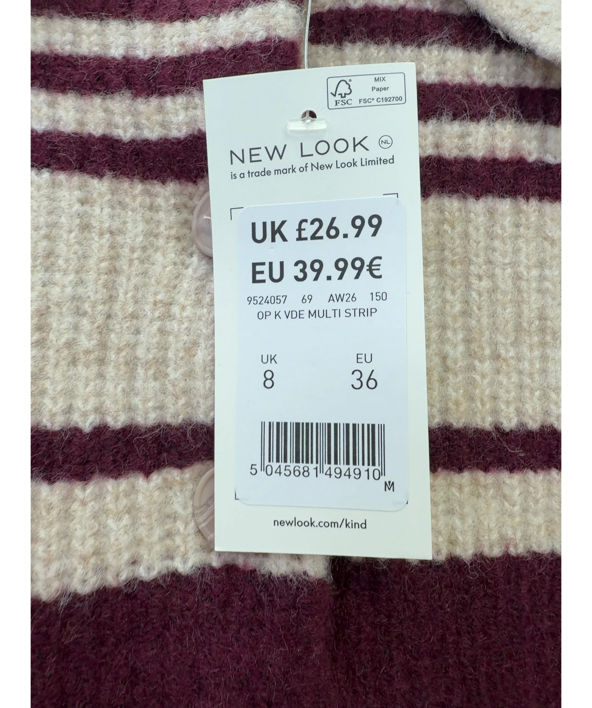 New Look Beige Red Multi Stripe Knitted Short Sleeve Polo Top, size UK 8 — care label