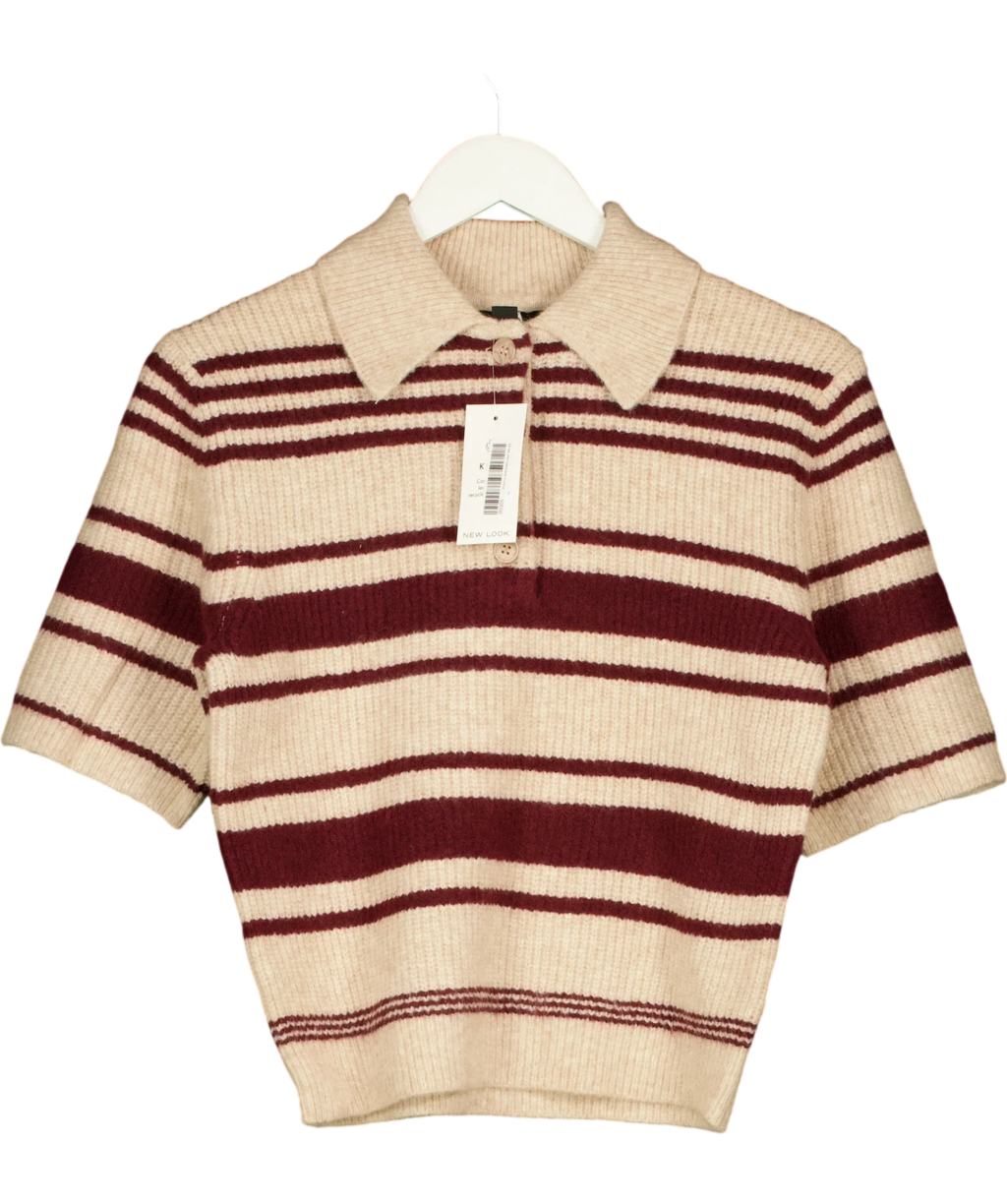 New Look Beige Red Multi Stripe Knitted Short Sleeve Polo Top, size UK 8 — front