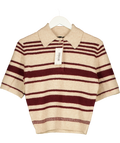 New Look Beige Red Multi Stripe Knitted Short Sleeve Polo Top, size UK 8 — front