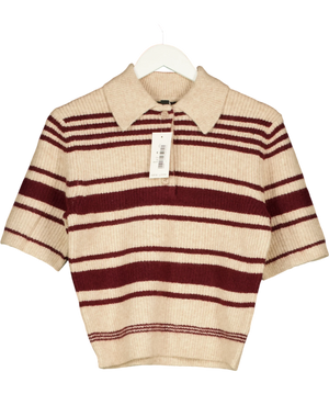 New Look Red Multi Stripe Knitted Short Sleeve Polo Top UK 8
