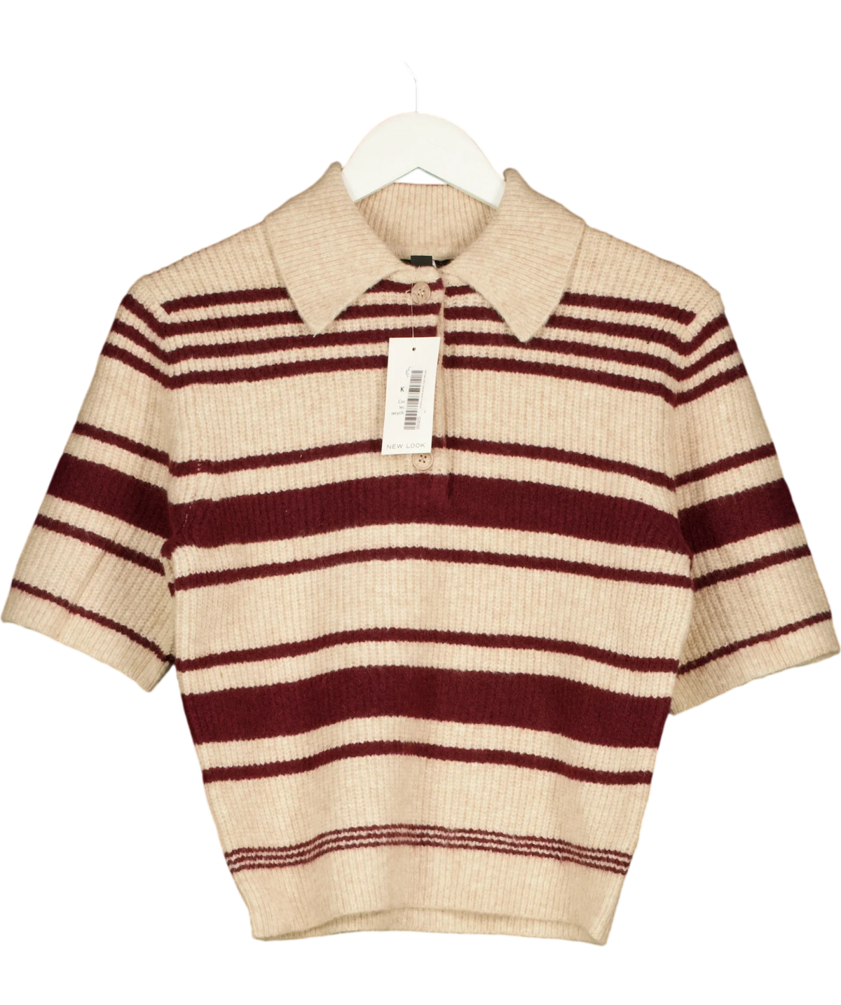 New Look Beige Red Multi Stripe Knitted Short Sleeve Polo Top, size UK 8 — front