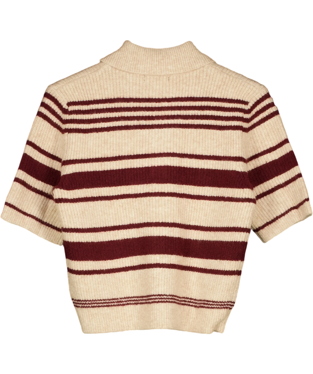 New Look Beige Red Multi Stripe Knitted Short Sleeve Polo Top, size UK 8 — back