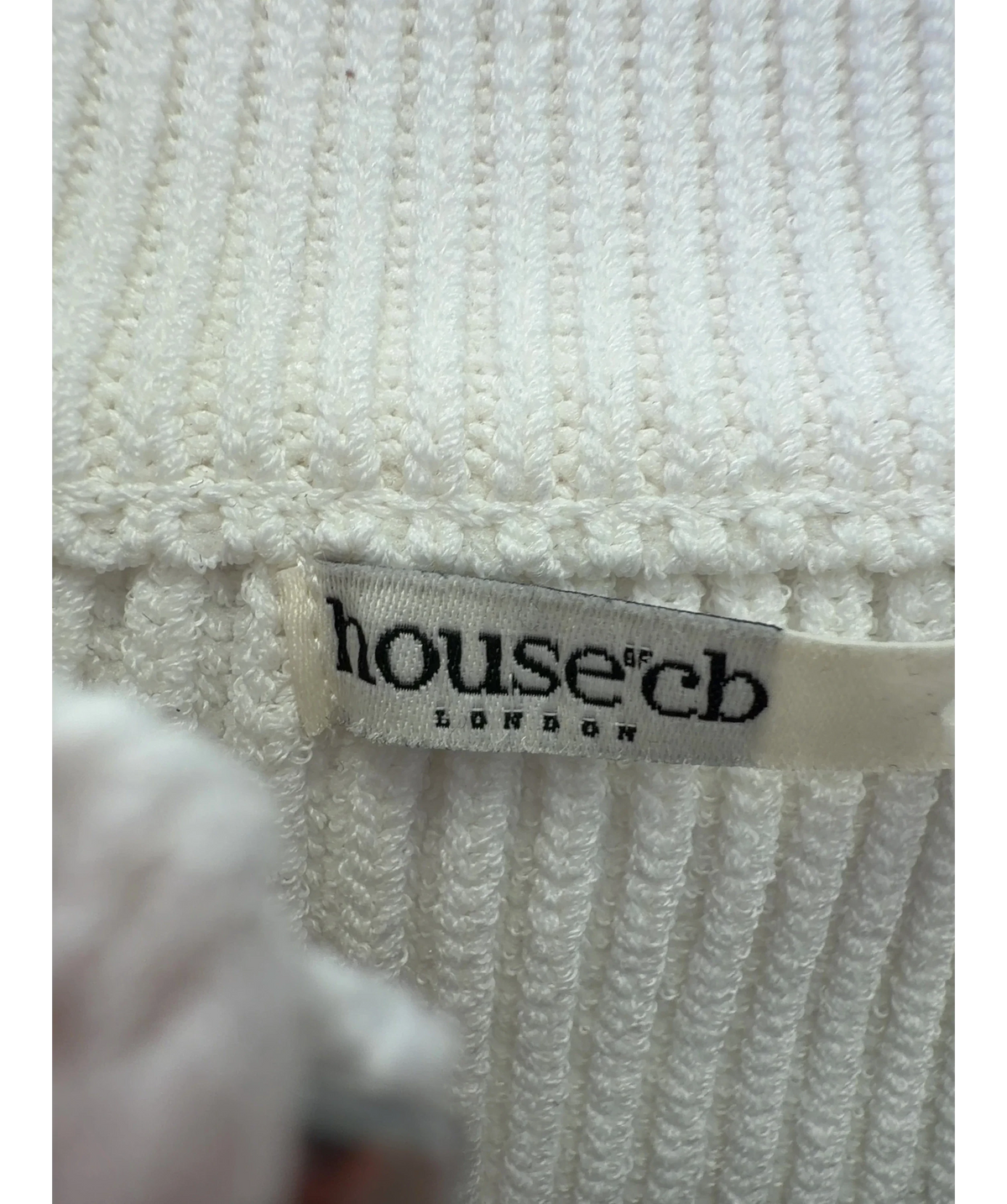 House of CB White Reeva White Balloon-Sleeve Ribbed Sweater, size UK S — detail