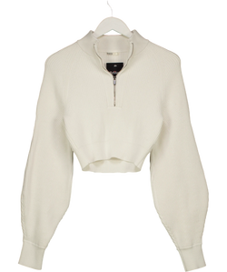 House of CB White Reeva White Balloon-Sleeve Ribbed Sweater, size UK S — front