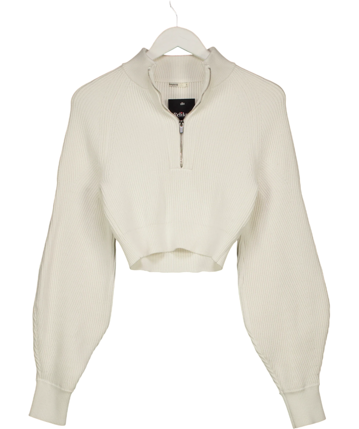 House of CB White Reeva White Balloon-Sleeve Ribbed Sweater, size UK S — front