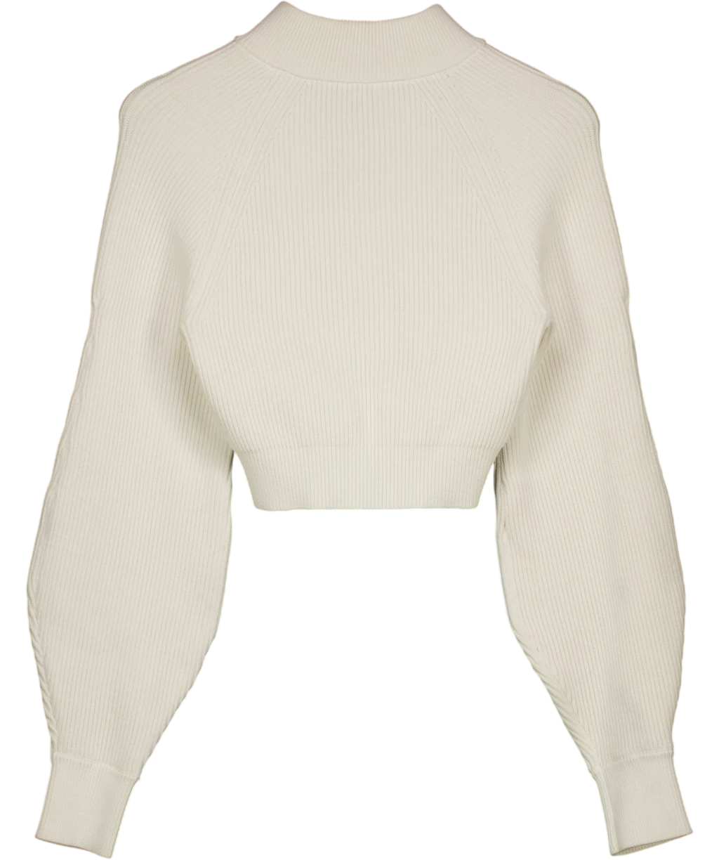 House of CB White Reeva White Balloon-Sleeve Ribbed Sweater, size UK S — back