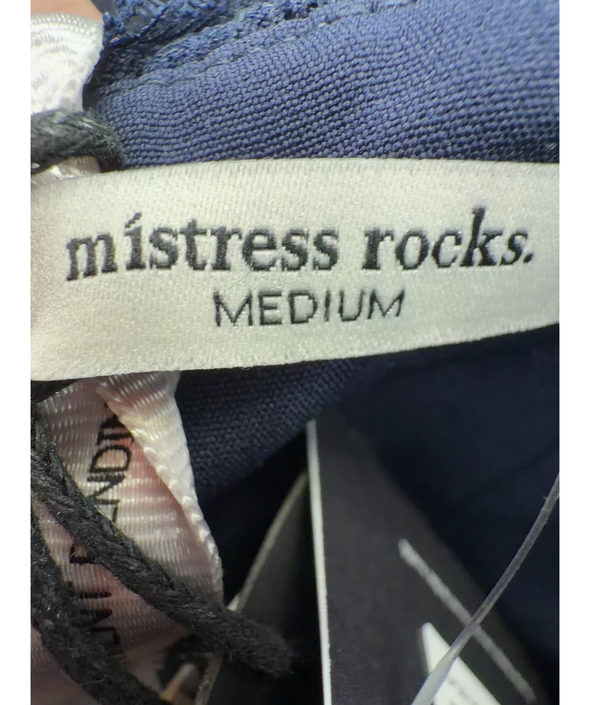 Mistress Rocks navy Hazy Blue Satin & Lace Corset, size UK M — care label