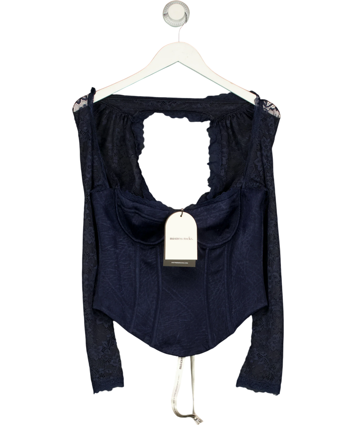 Mistress Rocks navy Hazy Blue Satin & Lace Corset, size UK M — front