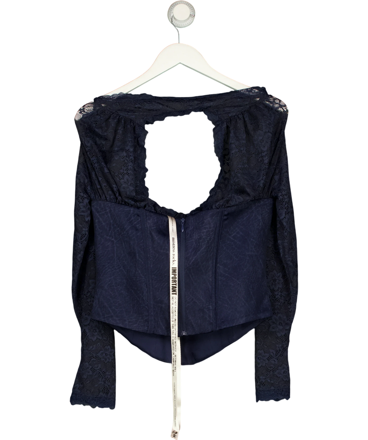 Mistress Rocks navy Hazy Blue Satin & Lace Corset, size UK M — back