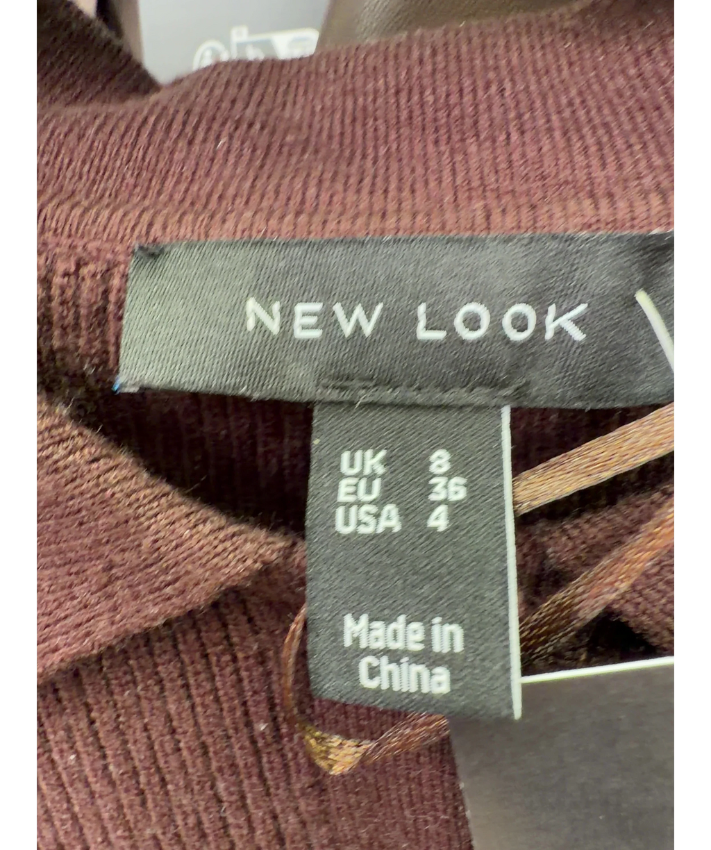 New Look Brown Dark Brown Lightweight Ribbed Polo Top, size UK 8 — detail