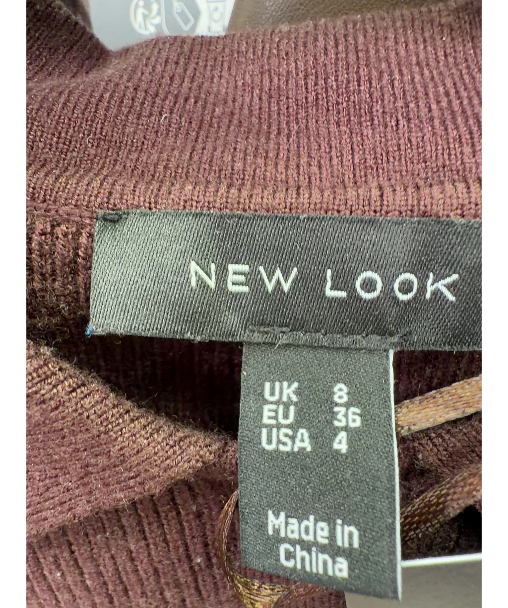 New Look Brown Dark Brown Lightweight Ribbed Polo Top, size UK 8 — care label