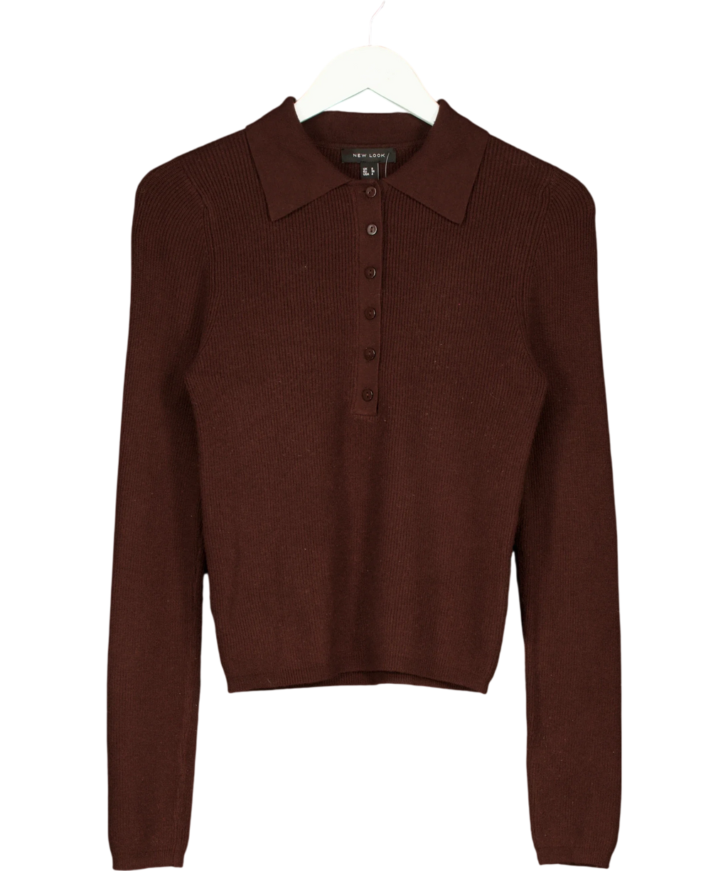 New Look Brown Dark Brown Lightweight Ribbed Polo Top, size UK 8 — front