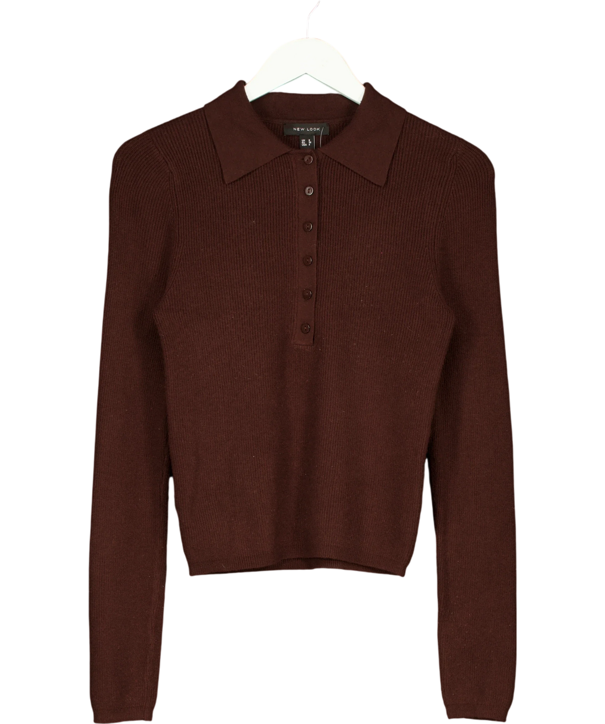 New Look Brown Dark Brown Lightweight Ribbed Polo Top, size UK 8 — front