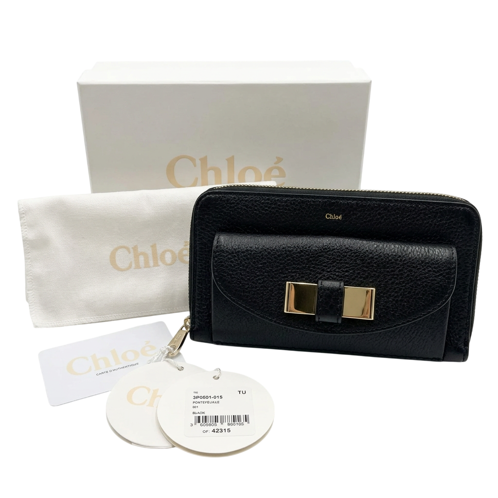 Chloé Black Pebbled Leather Bow front Portefeuille Long Wallet