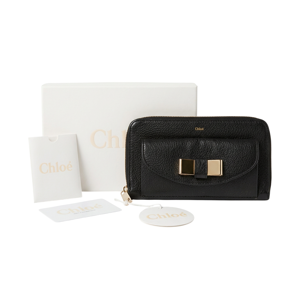 Chloé Black Pebbled Leather Bow front Portefeuille Long Wallet