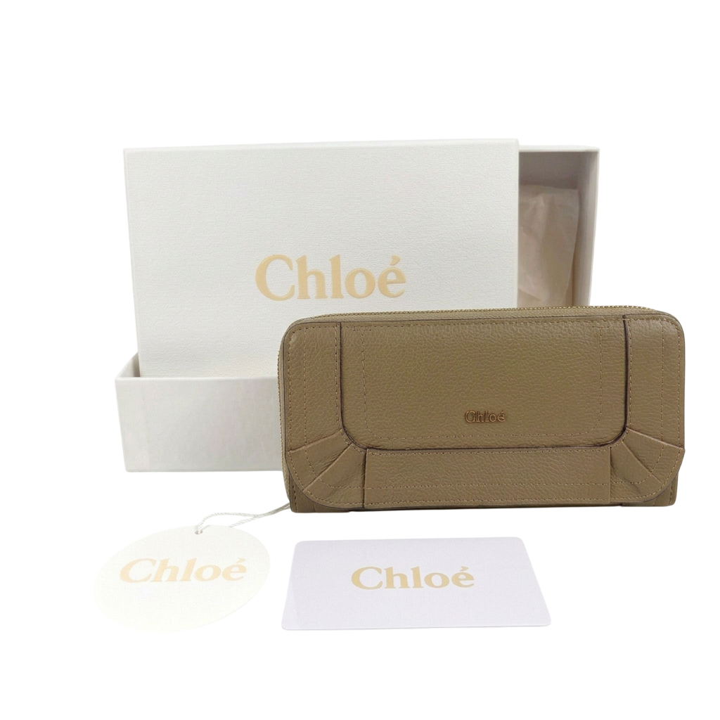 Chloé Taupe Pebbled Leather Paraty Long Wallet Purse