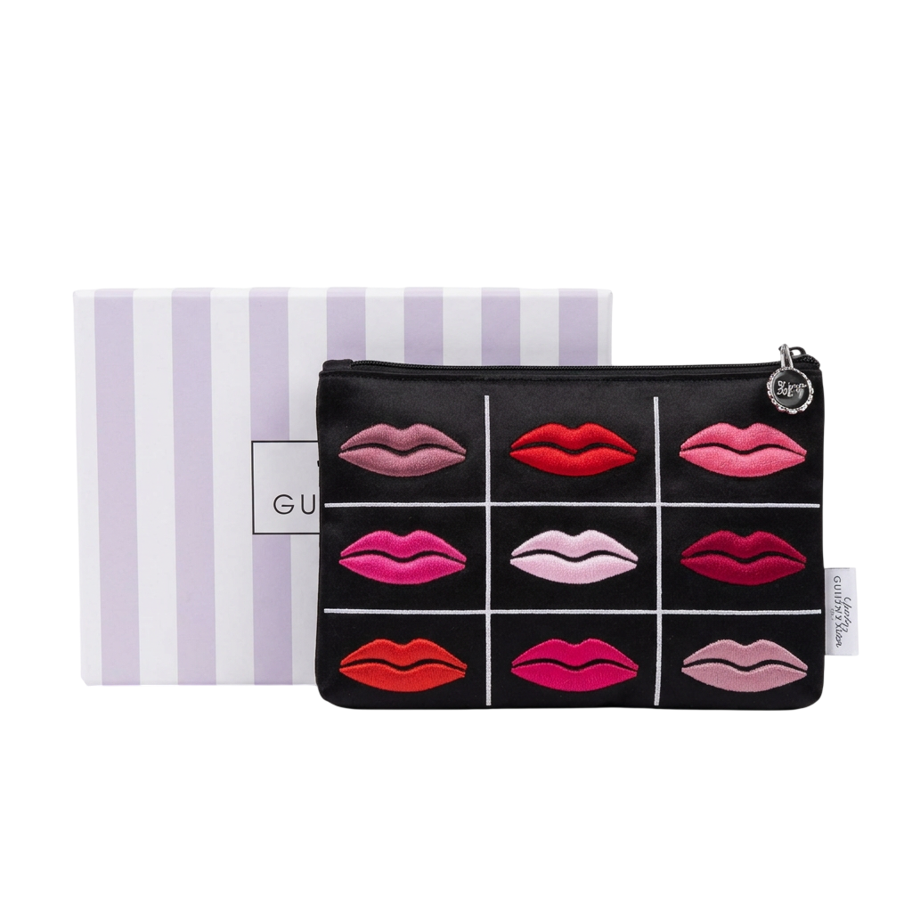 Lulu Guinness Black Satin Lips Grid Top Zip Pouch
