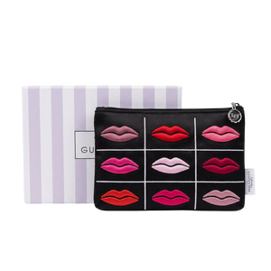 Lulu Guinness Black Satin Lips Grid Top Zip Pouch