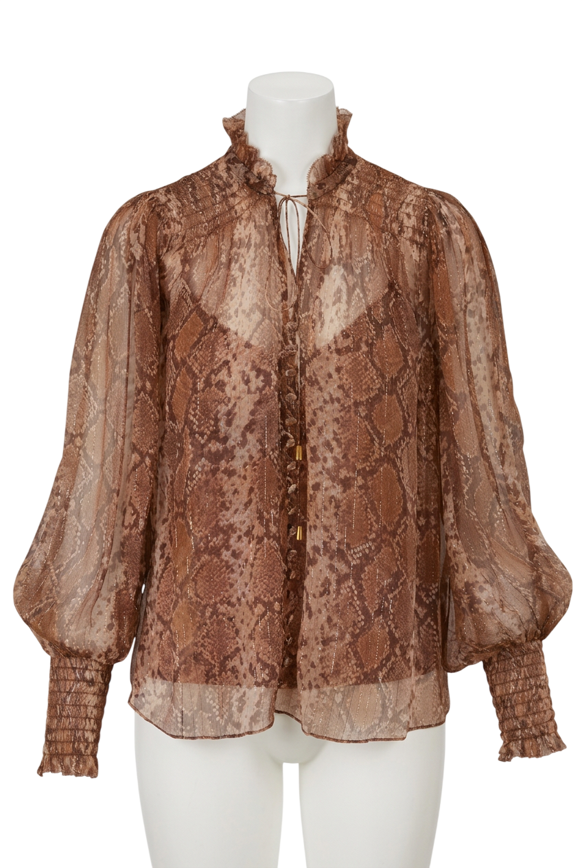 Zimmermann Brown Silk Botanica Python Swing Blouse UK 6