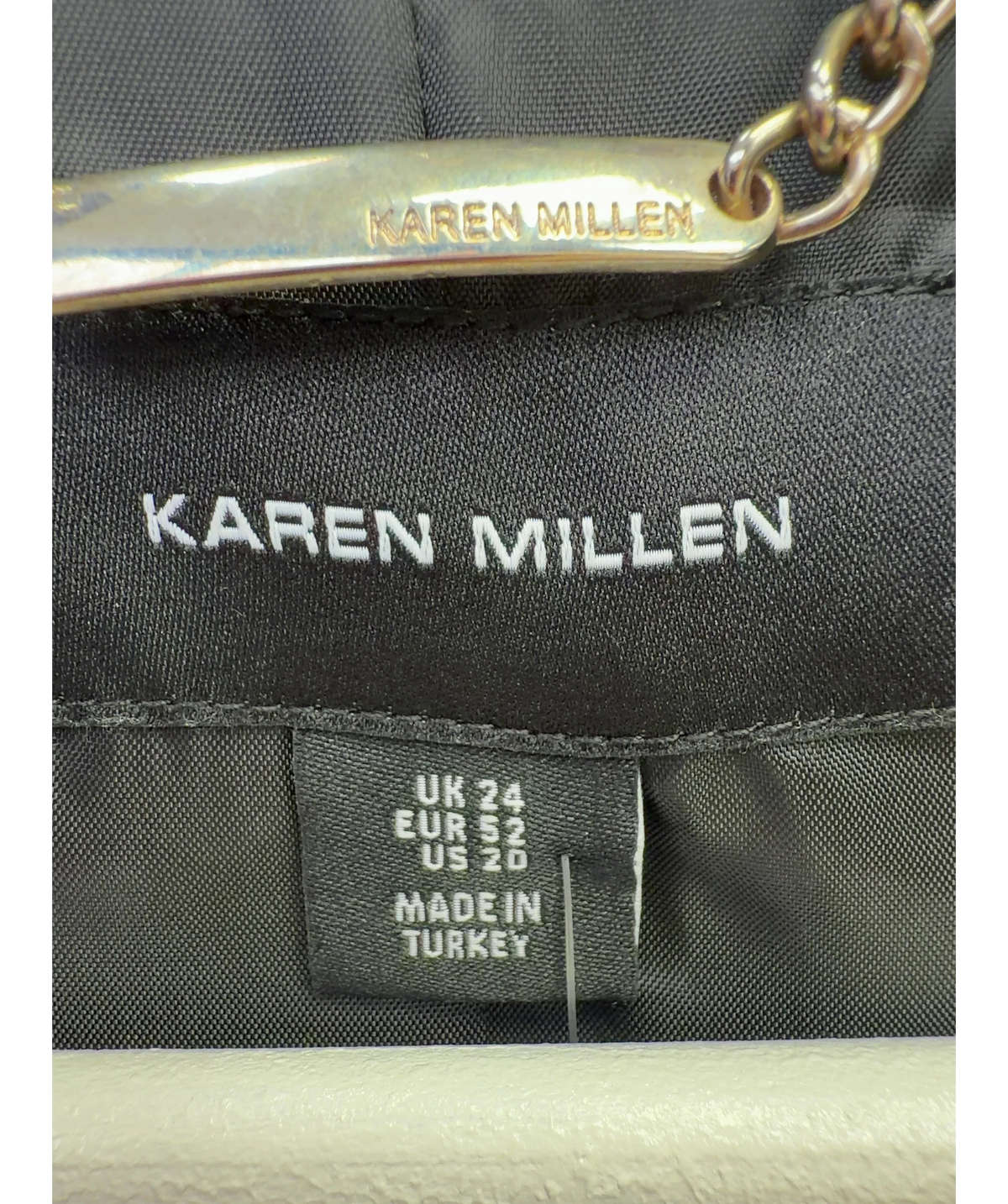 KAREN MILLEN Black trench coat, size UK 24 — care label