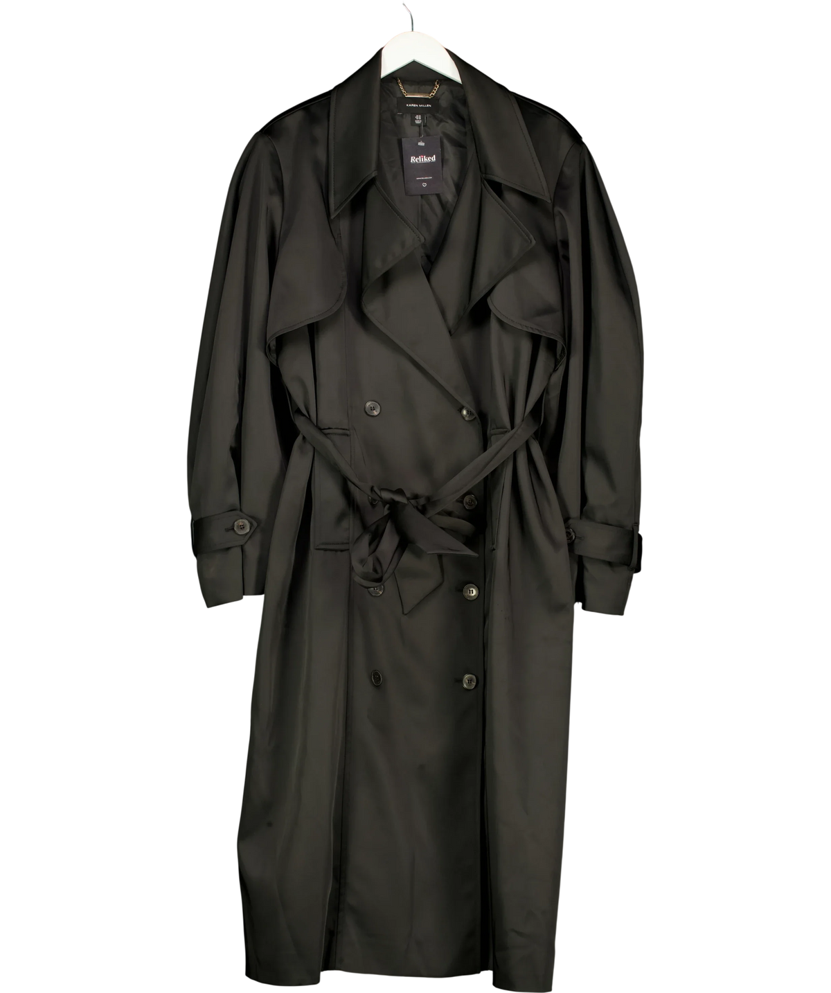 KAREN MILLEN Black trench coat, size UK 24 — front