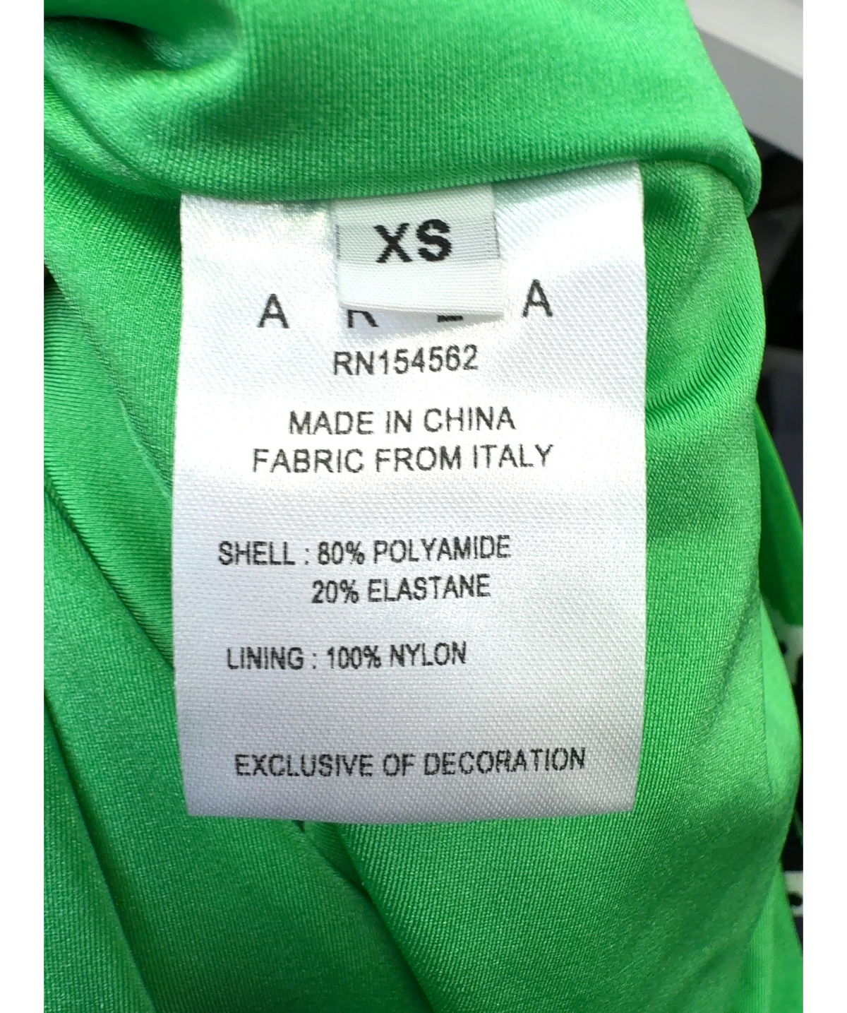 AREA Green Colour, size UK XS — care label