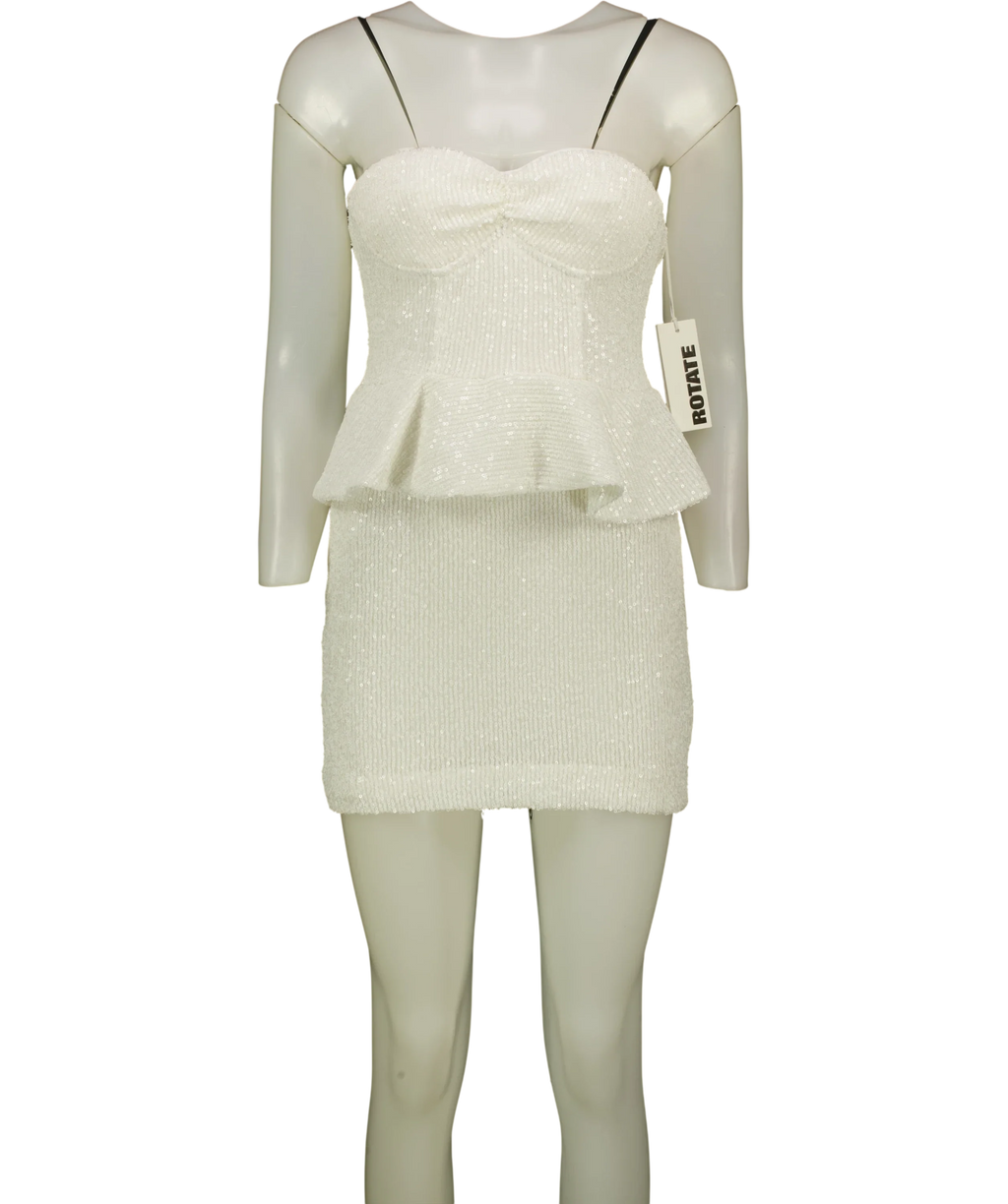 ROTATE White Sequin Corset Mini Dress, size UK 6 — front