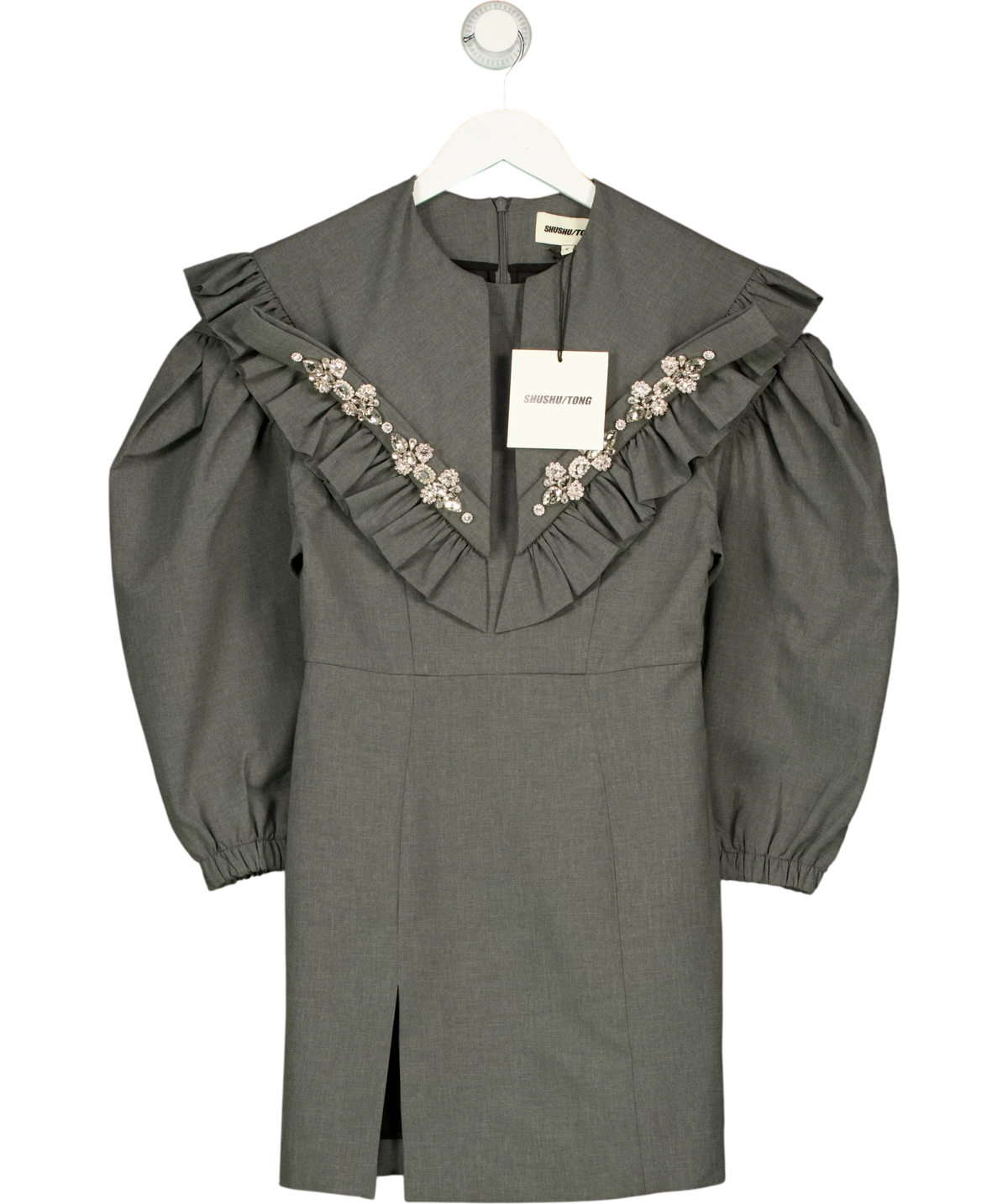 SHUSHU/TONG Grey peaked collar dress, size UK 8 — front