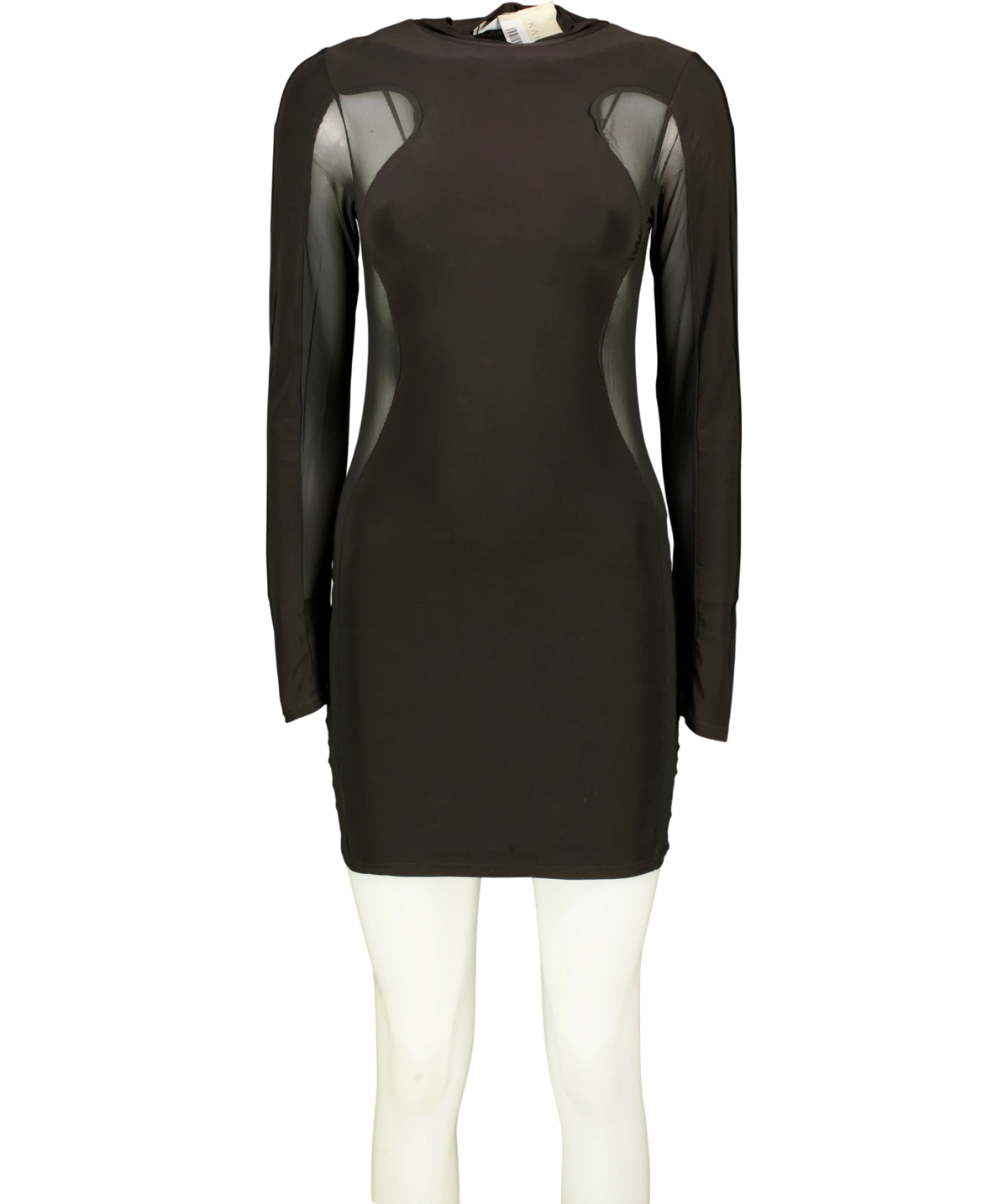 Kaiia Black exclusive double layered slinky sheer panel mini dress in black, size UK 10 — front