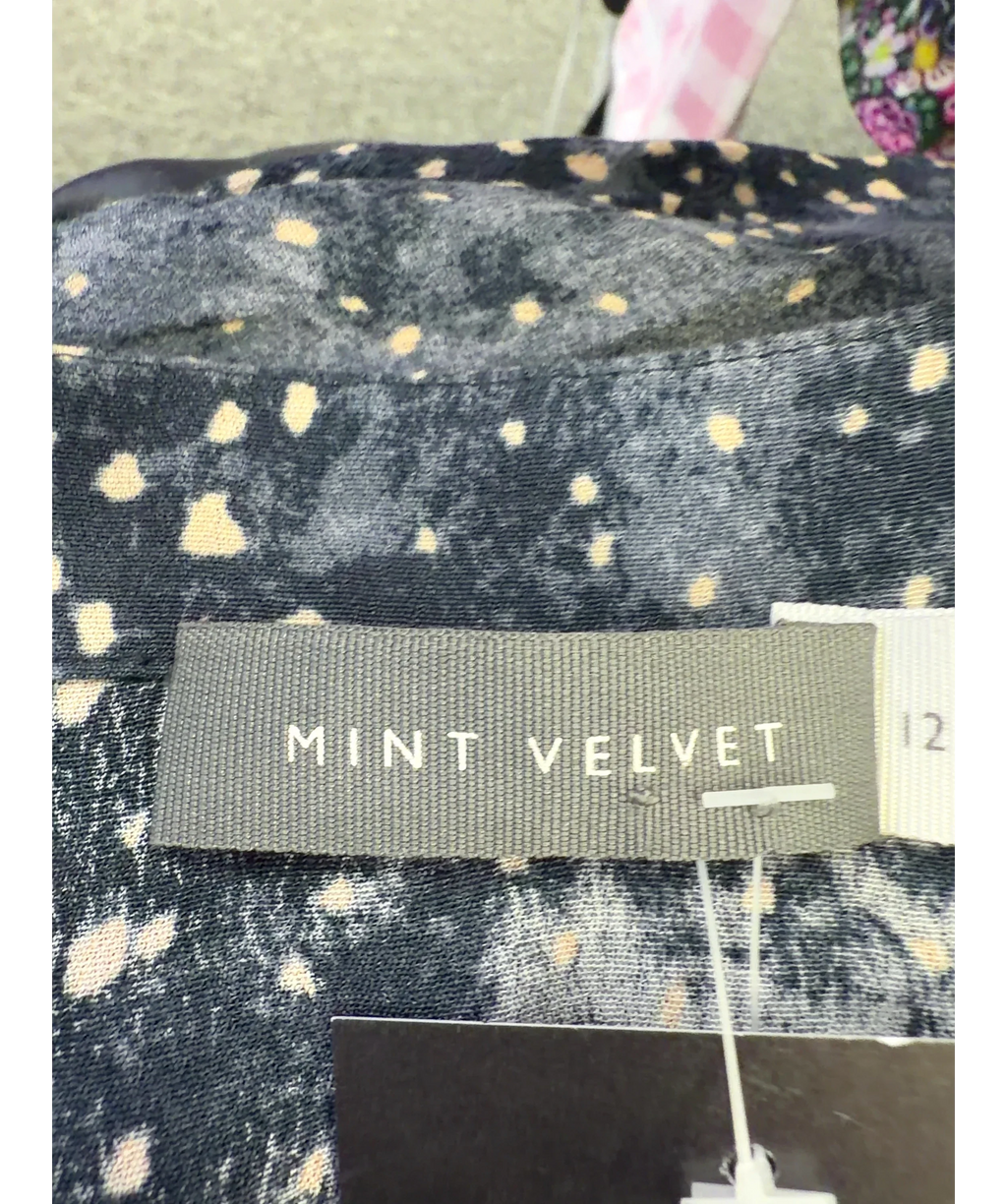 Mint Velvet navy animal-print tiered mini dress, size UK 12 — detail