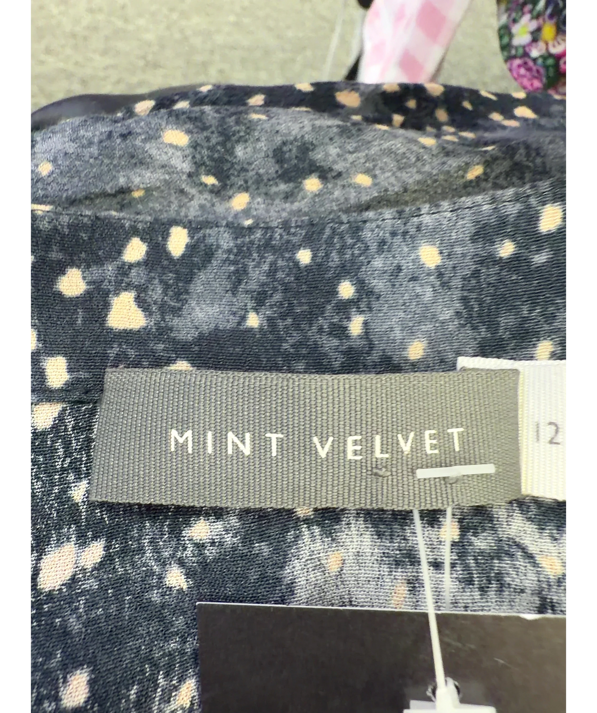 Mint Velvet navy animal-print tiered mini dress, size UK 12 — detail