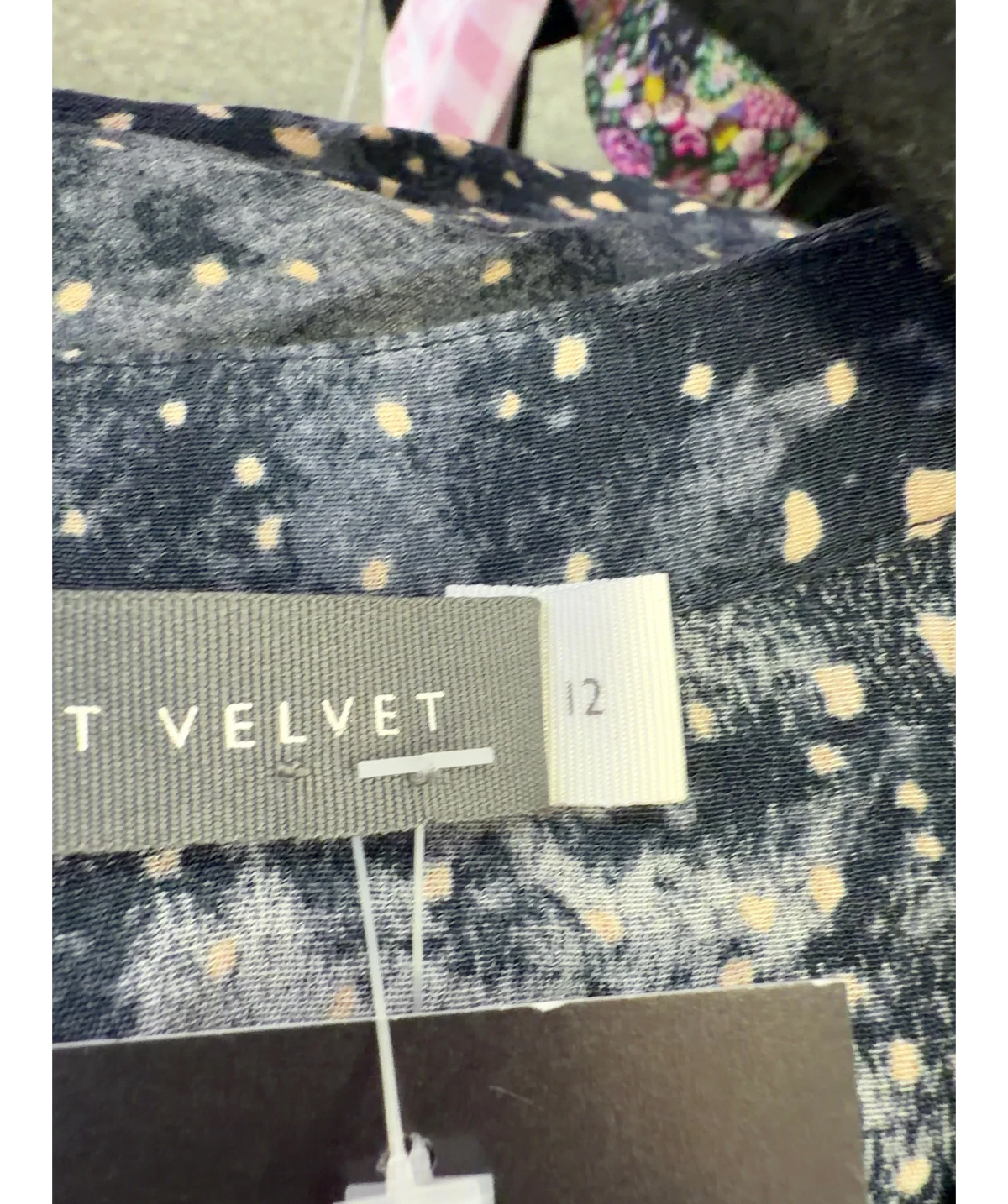 Mint Velvet navy animal-print tiered mini dress, size UK 12 — care label