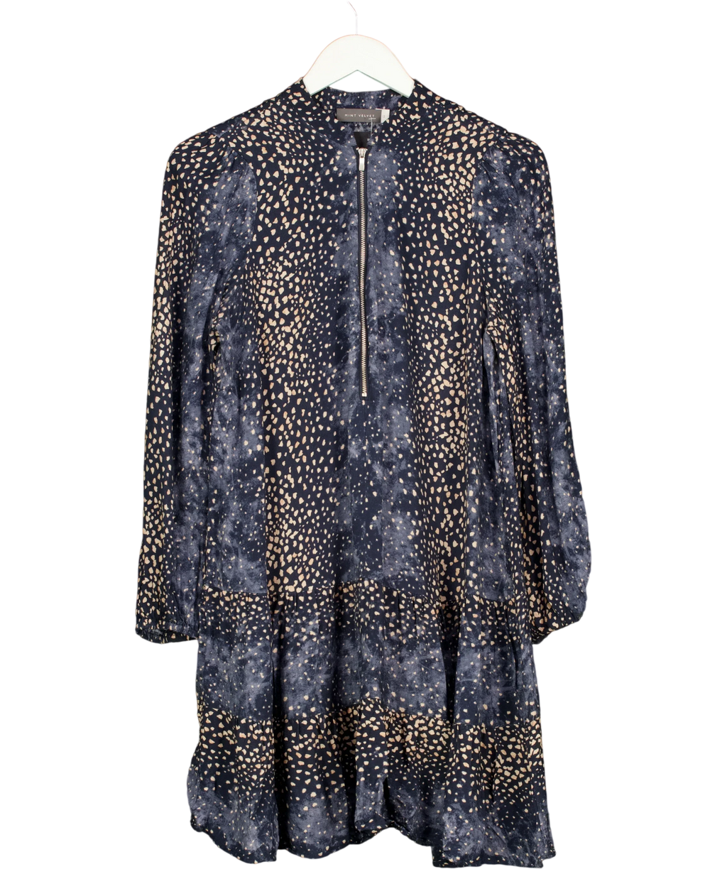 Mint Velvet navy animal-print tiered mini dress, size UK 12 — front