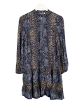 Mint Velvet navy animal-print tiered mini dress, size UK 12 — front
