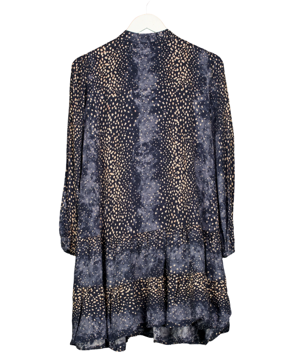 Mint Velvet navy animal-print tiered mini dress, size UK 12 — back