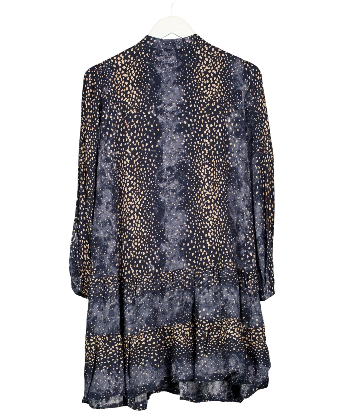Mint Velvet navy animal-print tiered mini dress, size UK 12 — back