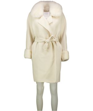 Ivory White Faux Fur Trim Alpaca Belted Jacket UK S