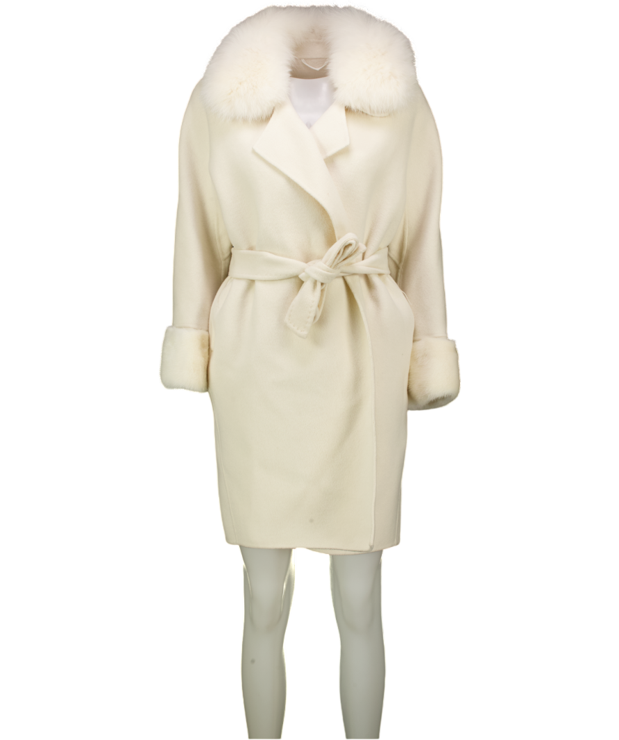 Ivory White Faux Fur Trim Alpaca Belted Jacket UK S