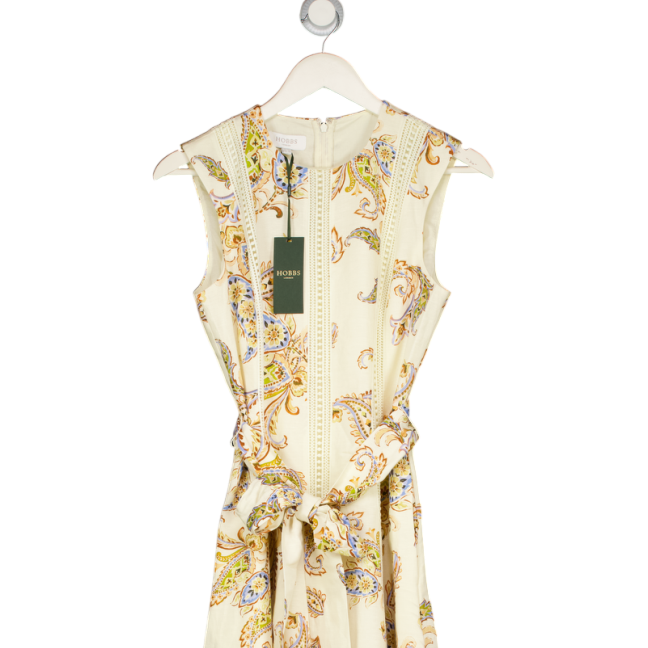 HOBBS Cream Uma Trimmed Paisley Print Linen Dress UK 8