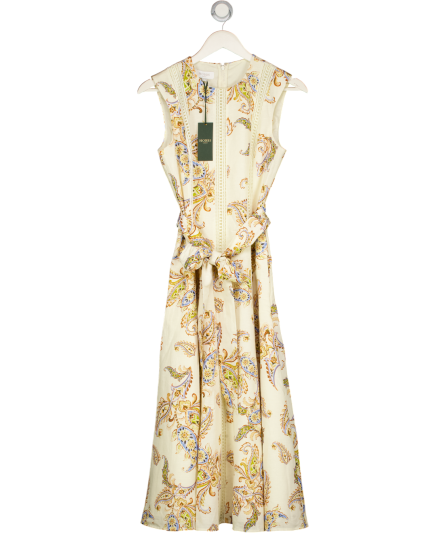 HOBBS Cream Uma Trimmed Paisley Print Linen Dress UK 8