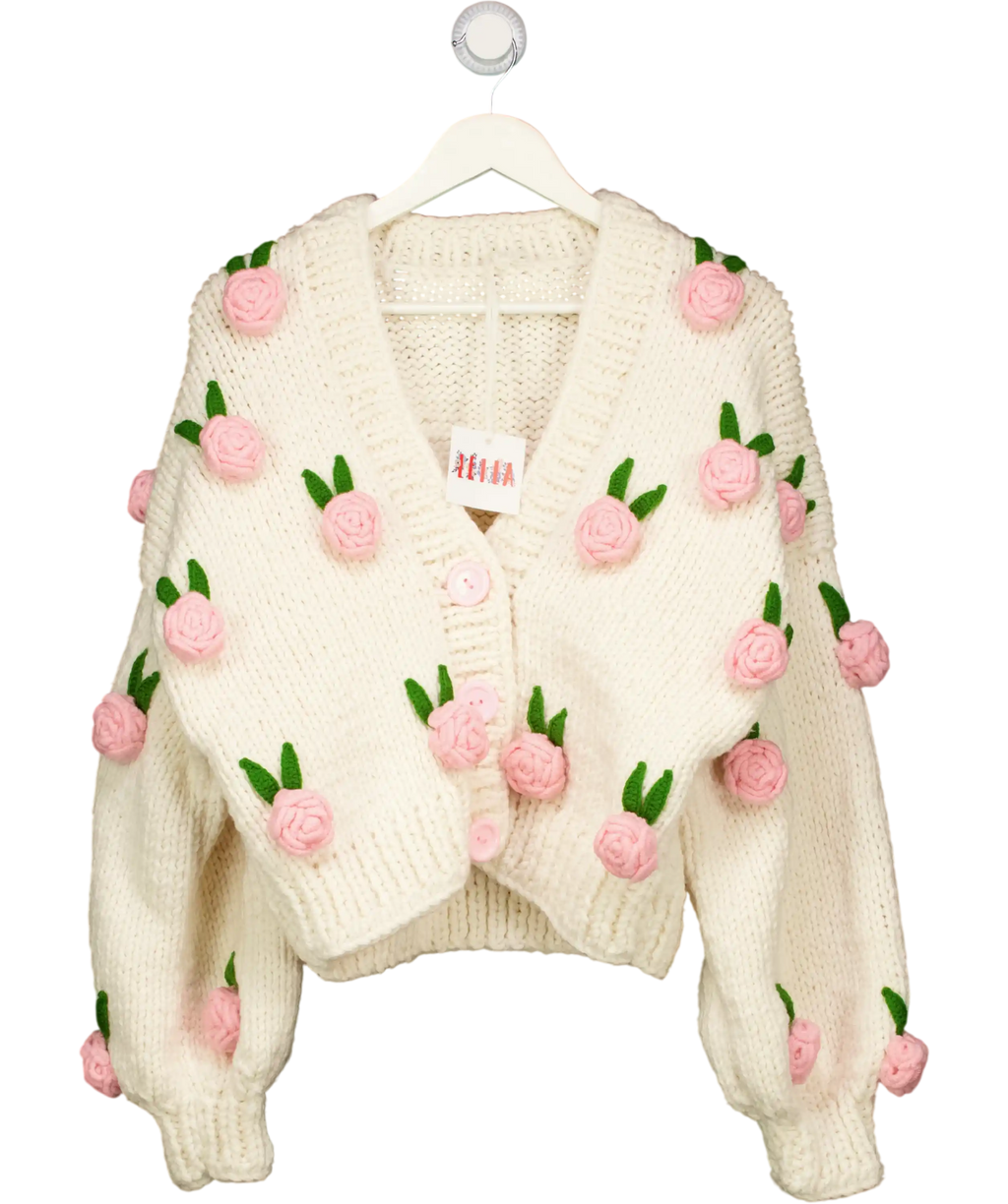 LEILA YCA Cream / Pink Roses Wool Blend Chunky Knit Cardigan  One Size