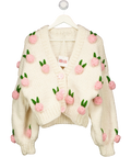 LEILA YCA Cream / Pink Roses Wool Blend Chunky Knit Cardigan  One Size