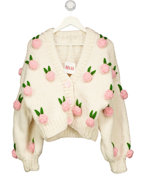 LEILA YCA Cream / Pink Roses Wool Blend Chunky Knit Cardigan  One Size