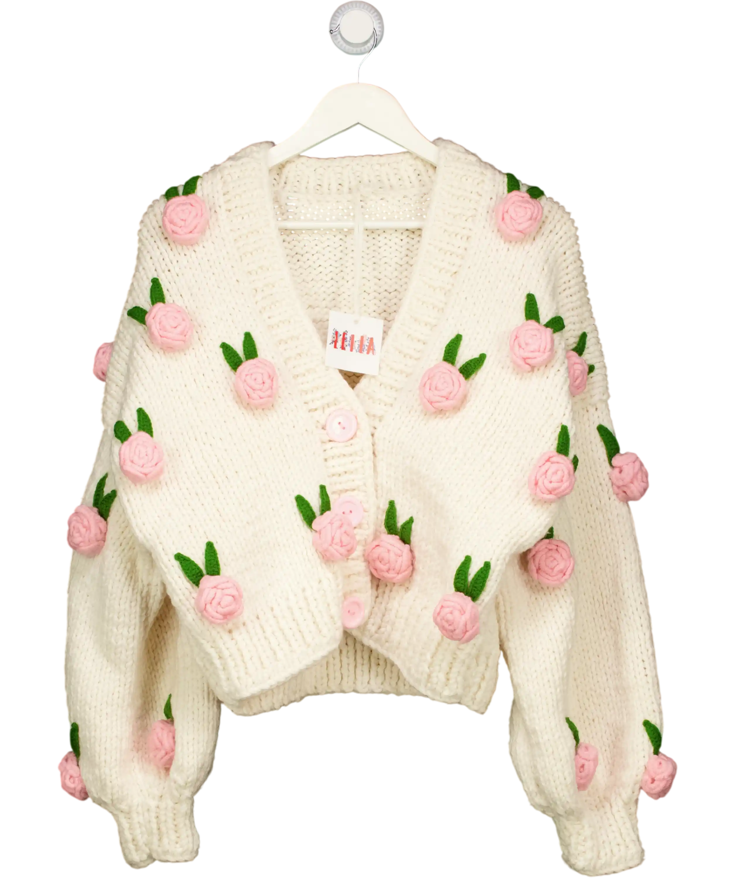LEILA YCA Cream / Pink Roses Wool Blend Chunky Knit Cardigan  One Size